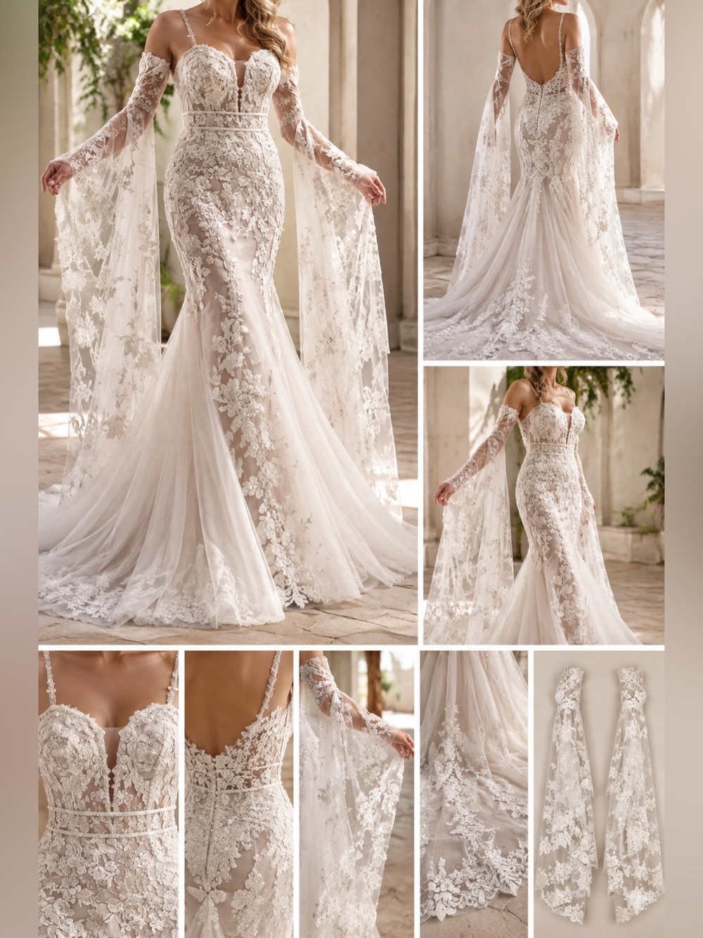 Martina Liana Ivory Lace Mermaid Wedding Dress + Detachable Wing Sleeves